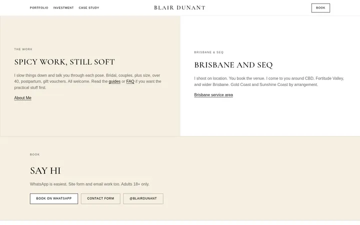 A section of the Blair Dunant photography website with booking information