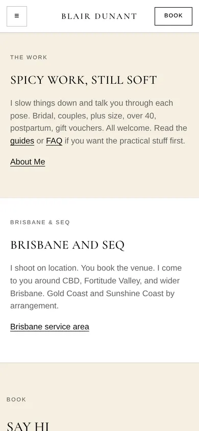 A section of the Blair Dunant photography website with booking information on a phone