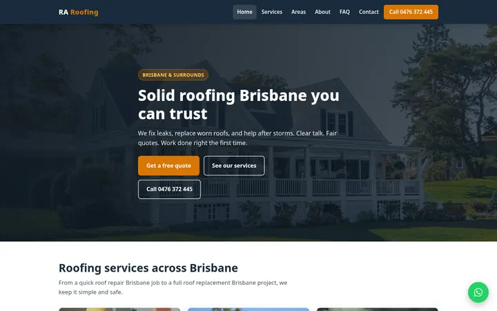 Homepage of the RA Roofing website