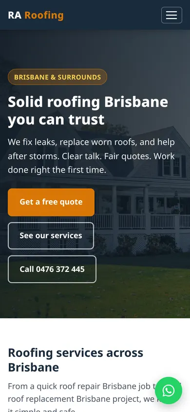 Homepage of the RA Roofing website on a phone