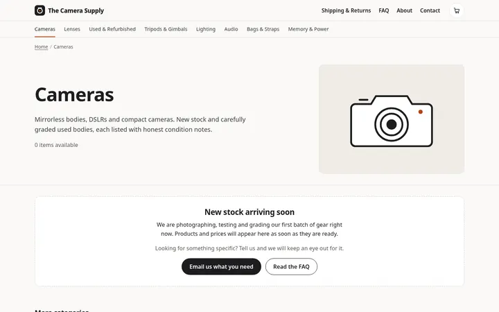 Cameras category page of The Camera Supply webshop on desktop