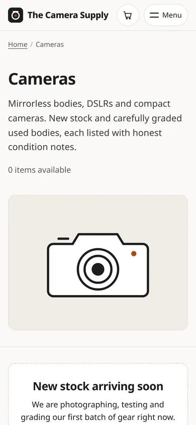 Cameras category page of The Camera Supply webshop on a phone