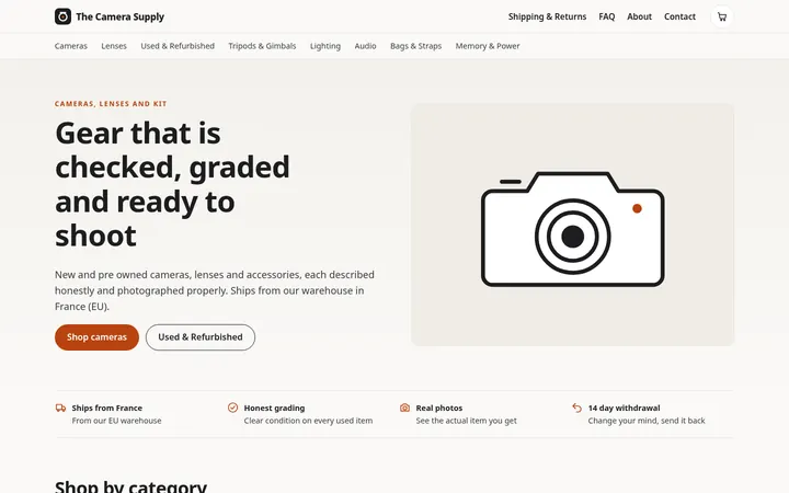 Homepage of The Camera Supply webshop